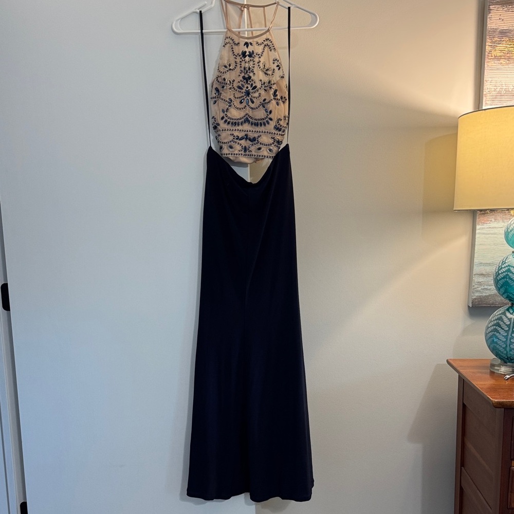 Elegant Navy and Cream Halter Dress